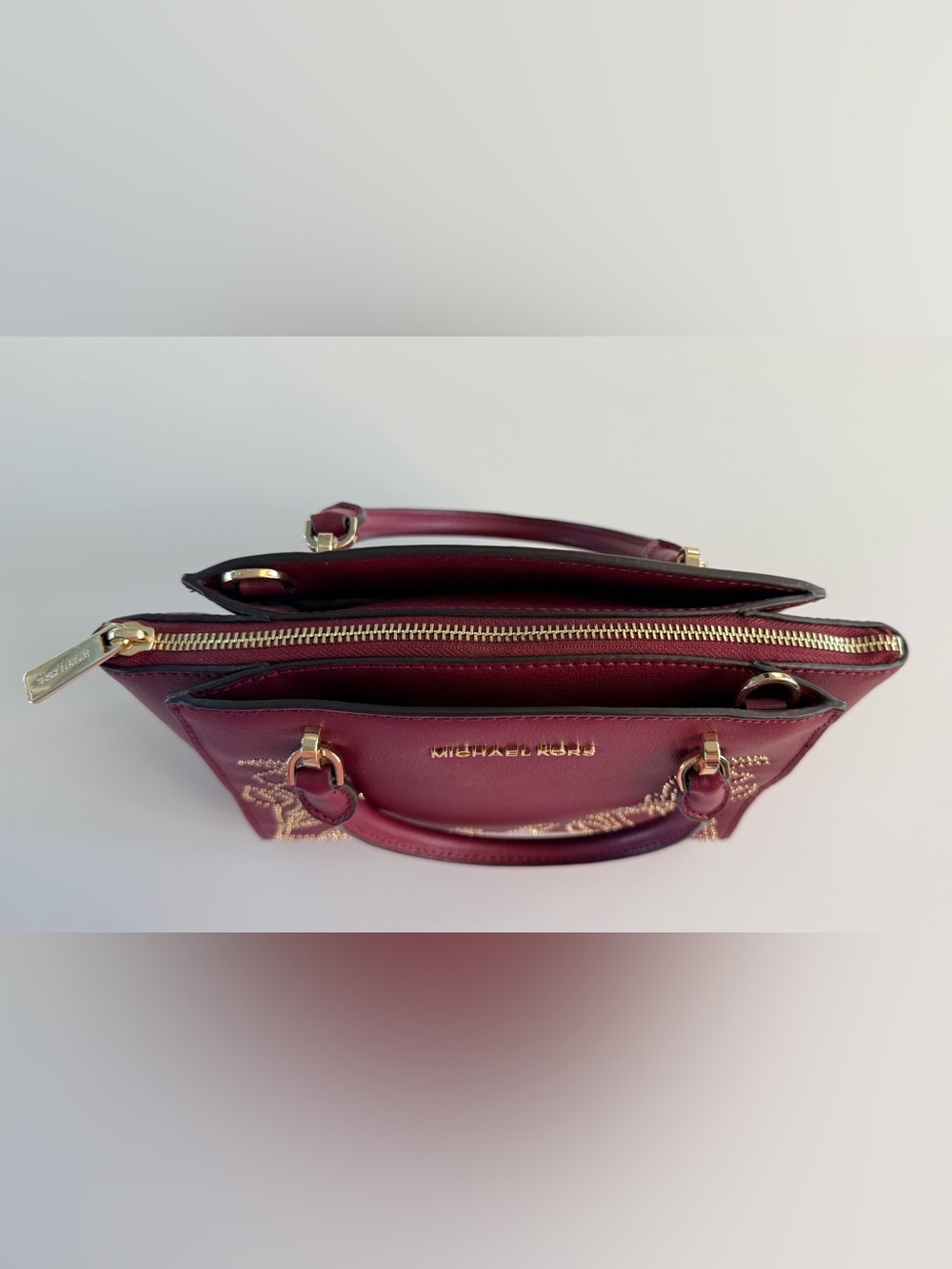 MICHAEL KORS Ellis Mulberry Convertible Leather Satchel with Gold Studs design - Picture 4 of 9